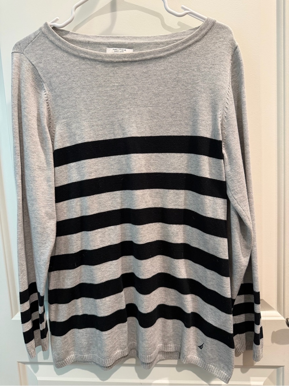 Nautica Light Gray and Black Striped Boatneck Sweater